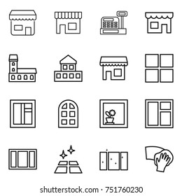 thin line icon set : shop, cashbox, mansion, cottage, window, arch, flower in, clean floor, wiping