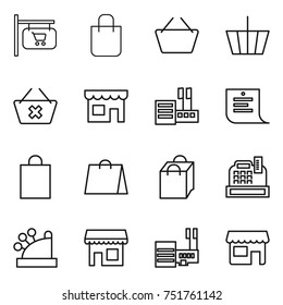 thin line icon set : shop signboard, shopping bag, basket, delete cart, store, list, cashbox, mall
