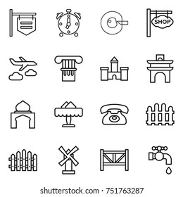 thin line icon set : shop signboard, alarm clock, cell corection, journey, column, castle, arch, minaret, restaurant, phone, fence, windmill, farm, water tap