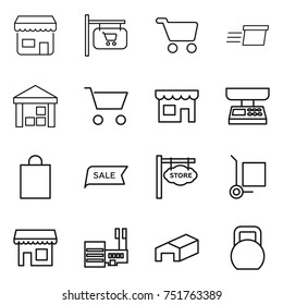 thin line icon set : shop, signboard, cart, delivery, warehouse, market scales, shopping bag, sale, store, cargo stoller, mall, heavy