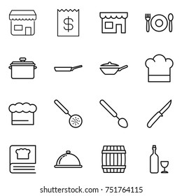 thin line icon set : shop, receipt, cafe, pan, cook hat, chief, skimmer, big spoon, knife, cooking book, meal cap, barrel, wine