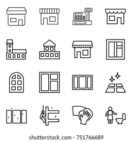 thin line icon set : shop, cashbox, mansion, cottage, window, arch, clean floor, skyscrapers cleaning, wiping, toilet