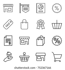 thin line icon set : shop, signboard, annual report, percent, sale, shopping bag, medal, basket, account balance, real estate, cart