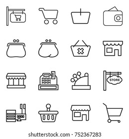 thin line icon set : shop signboard, cart, basket, wallet, purse, delete, market, cashbox, store, mall