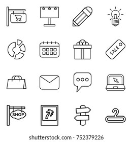 thin line icon set : shop signboard, billboard, pencil, bulb, circle diagram, calendar, gift, sale, shopping bag, mail, message, notebook, photo, signpost, hanger