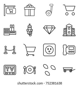 thin line icon set : shop signboard, gift, segway, cart, store, spark plug, diamond, building, vip fence, power socket, intercome, tv, fork spoon plate, seeds, trailer