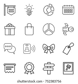 thin line icon set : shop signboard, bulb, circle diagram, calendar, gift, shopping bag, satellite, discussion, pass card, bow, label, atm receipt, medal, singlepost, photo