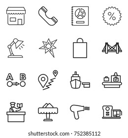 thin line icon set : shop, phone, annual report, percent, table lamp, bang, shopping bag, bridge, route a to b, port, baggage checking, inspector, restaurant, hair dryer, food processor