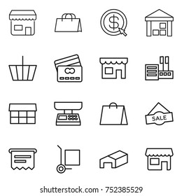thin line icon set : shop, shopping bag, dollar arrow, warehouse, basket, credit card, store, market, scales, sale, atm receipt, cargo stoller