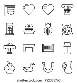 thin line icon set : shop signboard, heart, column, building, fountain, perishable, disco ball, restaurant, table, crib, floor lamp, cupcake, goose, horseshoe, jug