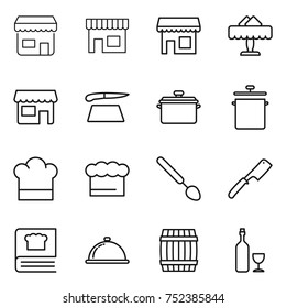thin line icon set : shop, restaurant, cutting board, pan, cook hat, chief, big spoon, chef knife, cooking book, meal cap, barrel, wine