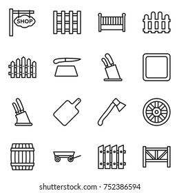 thin line icon set : shop signboard, pallet, crib, fence, cutting board, stands for knives, knife holder, axe, wheel, barrel, trailer, farm