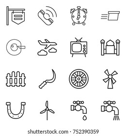 thin line icon set : shop signboard, call, alarm clock, delivery, cell corection, journey, tv, minaret, fence, sickle, wheel, windmill, horseshoe, water tap