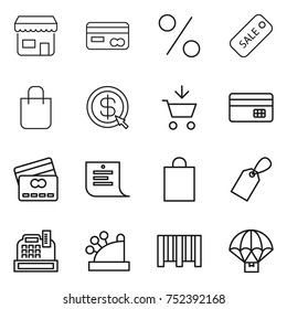 thin line icon set : shop, card, percent, sale, shopping bag, dollar arrow, add to cart, credit, list, label, cashbox, bar code, parachute delivery