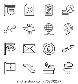 thin line icon set : shop signboard, search document, report, diagram, graph, chip, globe connect, antenna, mail, info, stairs, important flag, escalator, reception, signpost