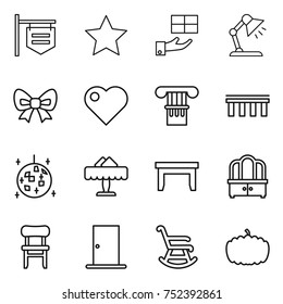 thin line icon set : shop signboard, star, gift, table lamp, bow, heart, column, bridge, disco ball, restaurant, dresser, chair, door, rocking, pumpkin