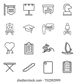 thin line icon set : shop signboard, billboard, presentation, chess horse, graduate hat, hoverboard, cardio chip, clipboard, surfer, windsurfing, iron board, stairs, cutting, list