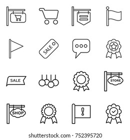 thin line icon set : shop signboard, cart, flag, sale, message, medal, store, important