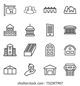 thin line icon set : shop signboard, group, bridge, project, cottage, goverment house, skyscraper, airport building, brick, arch window, greenhouse, real estate, warehouse, antique column