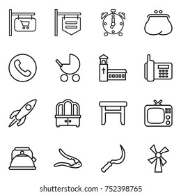 thin line icon set : shop signboard, alarm clock, purse, phone, baby stroller, church, rocket, dresser, stool, tv, kettle, walnut crack, sickle, windmill