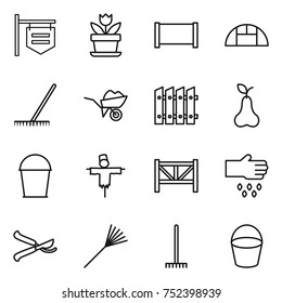 thin line icon set : shop signboard, flower, fence, greenhouse, rake, wheelbarrow, pear, bucket, scarecrow, farm, sow, pruner