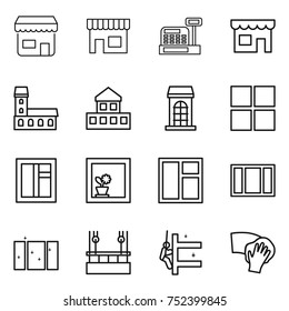 thin line icon set : shop, cashbox, mansion, cottage, building, window, flower in, clean, skysrcapers cleaning, skyscrapers, wiping