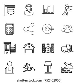 thin line icon set : shop signboard, call center, graph, courier, calculator, molecule, cell corection, group, houses, barn, palace, fork loader, workman, surfer, floor lamp, construct garbage