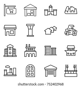 thin line icon set : shop signboard, warehouse, castle, project, airport tower, houses, modern architecture, building, factory, district, japanese house, city, arch window, garage