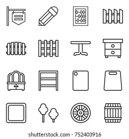 thin line icon set : shop signboard, pencil, abacus, fence, pallet, table, nightstand, dresser, rack, cutting board, trees, wheel, barrel