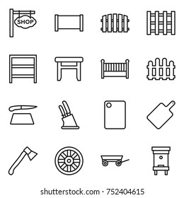 thin line icon set : shop signboard, fence, pallet, rack, stool, crib, cutting board, knife holder, axe, wheel, trailer, hive