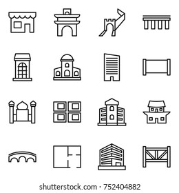 thin line icon set : shop, arch, greate wall, bridge, building, mansion, skyscraper, fence, minaret, panel house, japanese, plan, office, farm