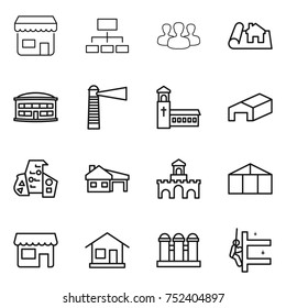 thin line icon set : shop, hierarchy, group, project, airport building, lighthouse, church, warehouse, modern architecture, house with garage, fort, greenhouse, home, grain elevator