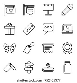 thin line icon set : shop signboard, billboard, pencil, gift, sale, message, notebook, bow, label, atm receipt, medal, signpost, hanger, bank