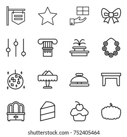 thin line icon set : shop signboard, star, gift, bow, equalizer, column, fountain, hawaiian wreath, disco ball, restaurant, service bell, table, dresser, cake, cupcake, pumpkin