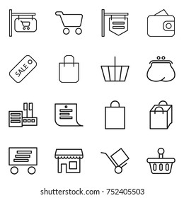 thin line icon set : shop signboard, cart, wallet, sale, shopping bag, basket, purse, store, list, delivery, trolley