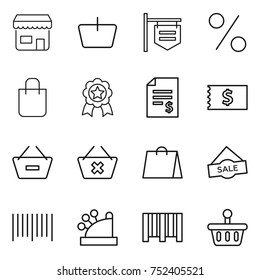 thin line icon set : shop, basket, signboard, percent, shopping bag, medal, account balance, receipt, remove from, delete cart, sale, bar code, cashbox