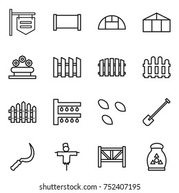 thin line icon set : shop signboard, fence, greenhouse, flower bed, watering, seeds, shovel, sickle, scarecrow, farm, fertilizer