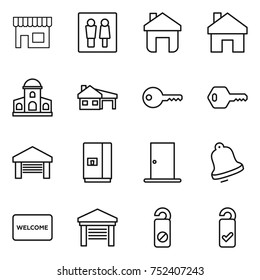 thin line icon set : shop, wc, home, mansion, house with garage, key, fridge, door, bell, welcome mat, do not distrub, please clean