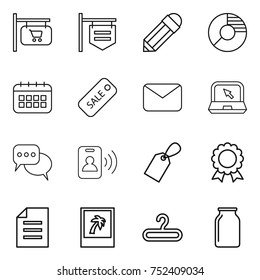 thin line icon set : shop signboard, pencil, circle diagram, calendar, sale, mail, notebook, discussion, pass card, label, medal, document, photo, hanger, bank