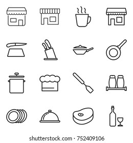 thin line icon set : shop, hot drink, cutting board, stands for knives, pan, chief hat, spatula, salt pepper, plates, meal cap, steake, wine