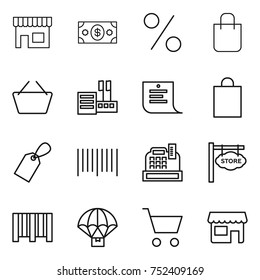 thin line icon set : shop, money, percent, shopping bag, basket, store, list, label, bar code, cashbox, signboard, parachute delivery, cart