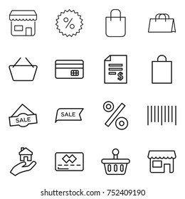 thin line icon set : shop, percent, shopping bag, basket, credit card, account balance, sale, bar code, real estate