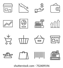 thin line icon set : shop, crisis, investment, wallet, statistics, annual report, cashbox, graph up, add to cart, basket, remove from, scales, shopping bag, bar code