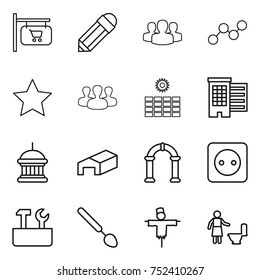 thin line icon set : shop signboard, pencil, group, graph, star, sun power, houses, goverment house, warehouse, arch, socket, repair tools, big spoon, scarecrow, toilet cleaning