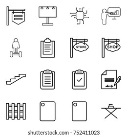 thin line icon set : shop signboard, billboard, chip, presentation, hoverboard, clipboard, store, stairs, check, inventory, pallet, cutting board, iron