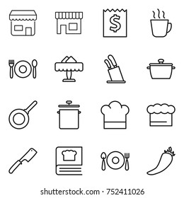 thin line icon set : shop, receipt, hot drink, cafe, restaurant, stands for knives, pan, cook hat, chief, chef knife, cooking book, fork spoon plate, pepper