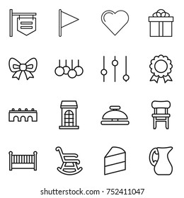 thin line icon set : shop signboard, flag, heart, gift, bow, sale, equalizer, medal, bridge, building, service bell, chair, crib, rocking, cake, jug