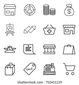 thin line icon set : shop, target audience, coin stack, money bag, presentation, up down arrow, add to basket, scales, shopping list, market, sale label, cashbox, cart