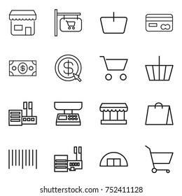 thin line icon set : shop, signboard, basket, card, money, dollar arrow, cart, store, market scales, shopping bag, bar code, mall, hangare