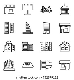thin line icon set : shop, billboard, bridge, goverment house, skyscrapers, skyscraper, building, district, palace, office, taxi, hotel